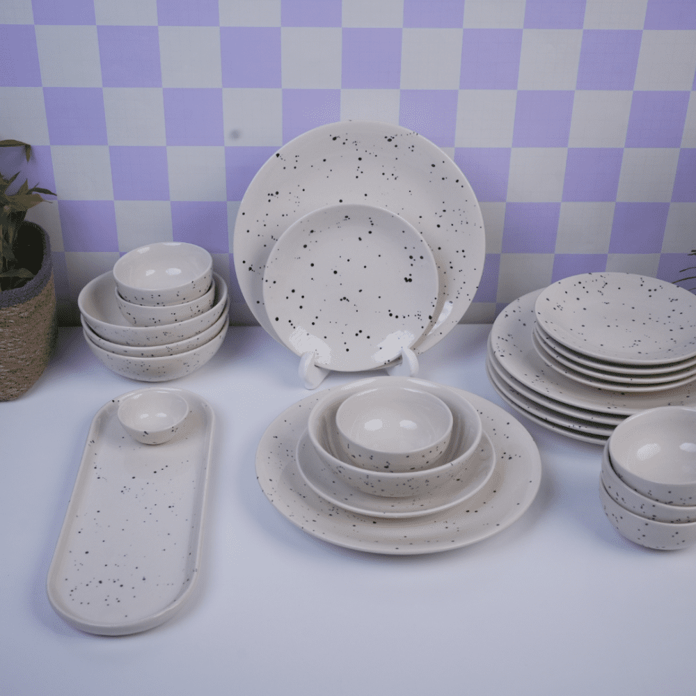 White Dinner Set with Black Sprinkles (Set Of 30)